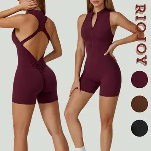 RIOJOY Women's Backless One Piece Workout Jumpsuits Sleeveless Yoga Bodysuit Zip Up Gym Rompers Tummy Control Scrunch Shorts Overalls
