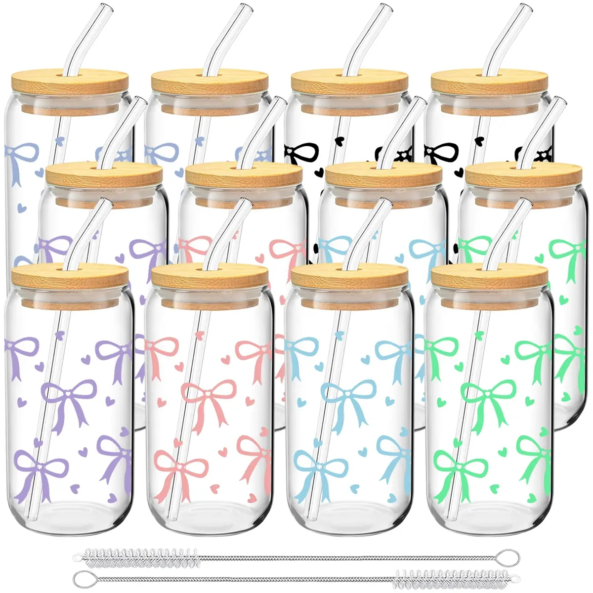 6/12 Pack Bow&Heart Pattern Glass Cups with Lids and Straws, 16oz Reusable Iced Coffee Cups, Glass Tumblers, Drinkware