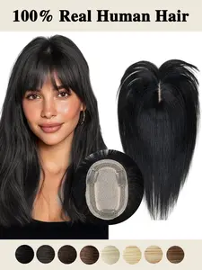 Natural Human Hair Topper with Bangs 100% Real Human Hair 8*12 CM Base 360° Full Coverage Hairpiece for Women with Thinning Hair Glueless Human Hair