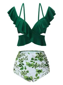 GREEN 1940S RUFFLES FLORAL SPAGHETTI STRAP SWIMSUIT Tie Back Bikinis Ruched Bikini Bottoms