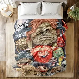 "Labyrinth Fantasy Creatures" fleece blanket, Flannel throw blanket with watercolor monster illustrations. Ultra-soft, durable, quick-dry, machine washable. Multiple sizes for bed, sofa, office naps. Gift for fantasy enthusiasts