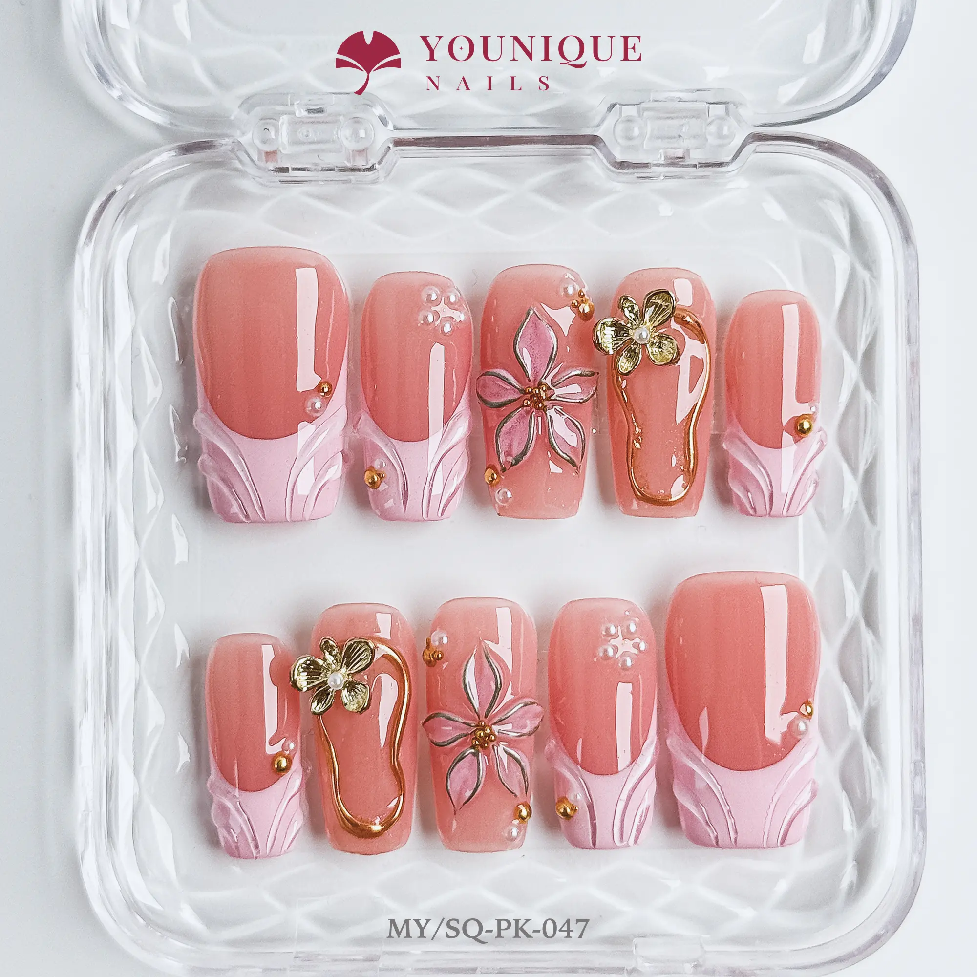 Younique Nails  10PCS 100% Handmade Press-On Nails | Reusable Colorful Art Glossy Design Acrylic Luxury Long Lasting 3D Stylish Office Wear Floral Embellished Rhinestone salon-quality