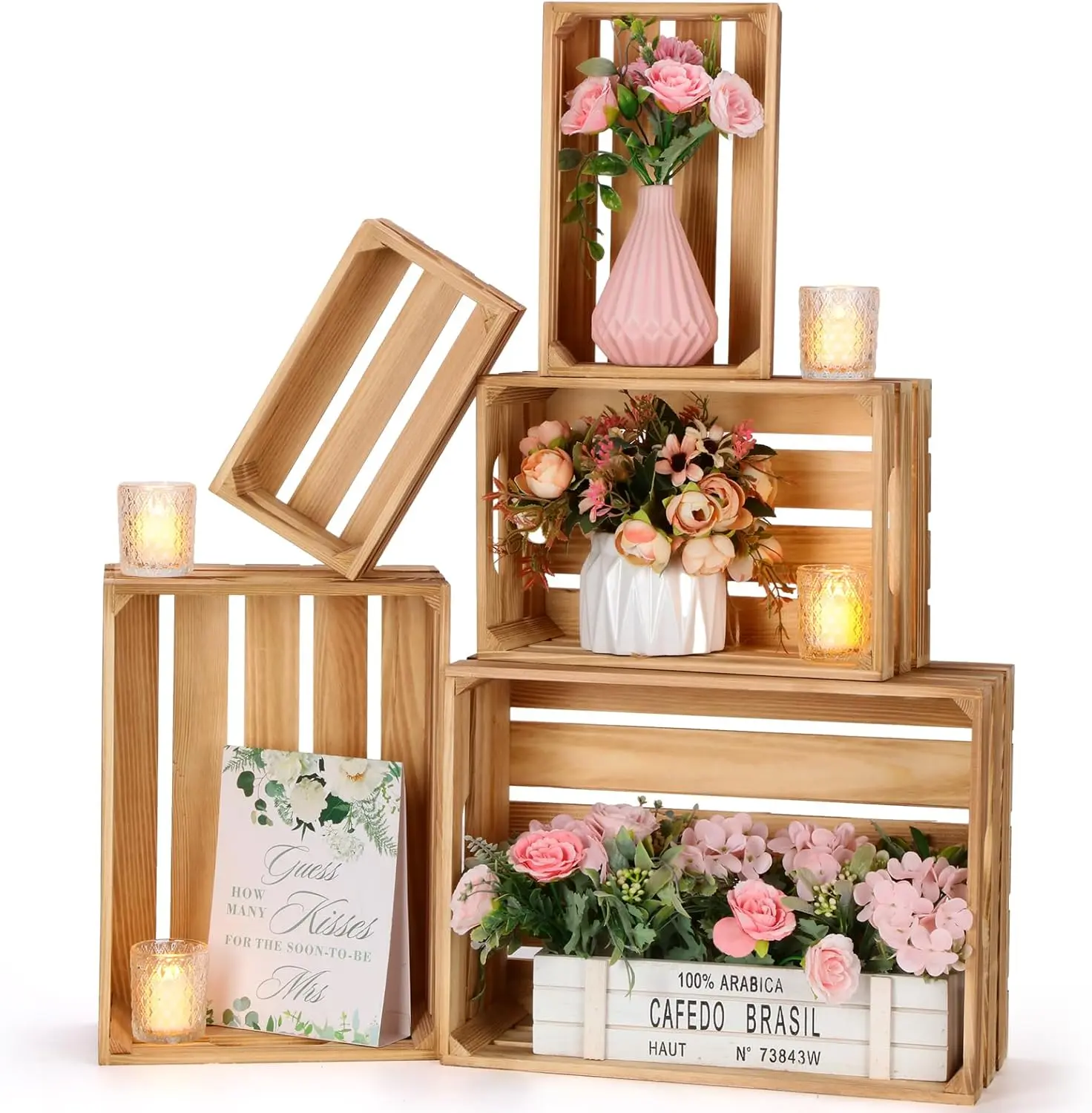 5 count Decorative Nesting Wooden Crates for Storage Display 5 Size Large Small Rustic  Decorative Storage Crates with Handle Farmhouse Crate Box Container Made from Pine(Classic Color)