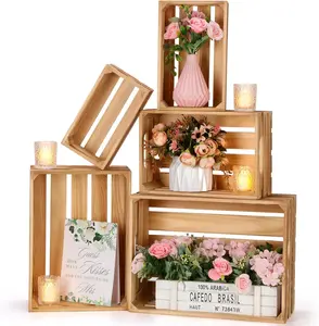 5 count Decorative Nesting Wooden Crates for Storage Display 5 Size Large Small Rustic  Decorative Storage Crates with Handle Farmhouse Crate Box Container Made from Pine(Classic Color)