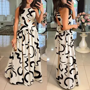 CHICME Women's Abstract Print Sleeveless Criss Cross Halter Flared Maxi Dress, Casual Hollow Out Shirred Maxi Length Women's Dress,summervibes1122