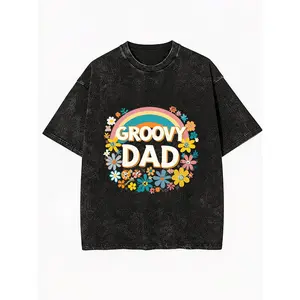 Retro Washed Cotton T shirt for Men Featuring Rainbow Floral Circle and Groovy Dad Typography Soft Crew Neck Short Sleeve Casual Summer Wear Perfect for Father's Day Gift Machine Washable Comfortable Fit