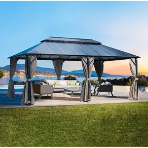 12x20FT Hardtop Gazebo, Permanent Outdoor Aluminum Patio Gazebo with Double Roof, for Patio Lawn and Garden, Curtains and Netting Included