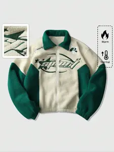 Men's Thick Polar Fleece Jacket, Winter Warmth Essential, Y2K Retro Street Style, Casual, Fitted, Unisex Teddy Coat, Patchwork & Embroidery, Graphic, Casual Comfy Jacket