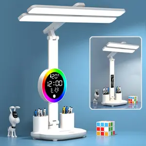 Double Head LED Desk Lamp, Desk Lamp With Usb Charging Port, Dimmable 3 Colorful Lights, Adjustable Folding With Clock Date, Pen Holder, Temperature, Home Office Bedroom Reading Study Work
