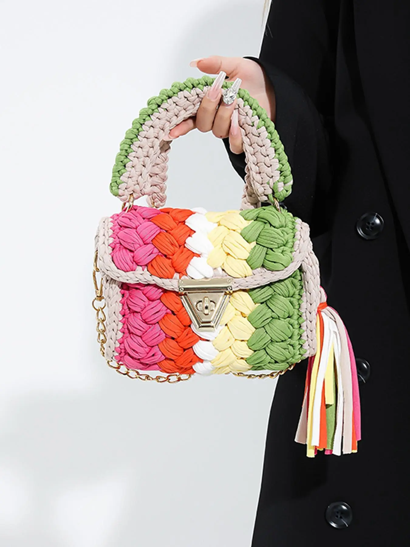 Women's Colorblock Crochet Handmade Bag, Fashionable Tassel Decor Crossbody Bag for Daily Used, Casual Trendy Versatile High-quality Daily Commuting Bag, Colorblock Tassel Bags, Colorblock Pattern Bag, Casual Trendy Purse
