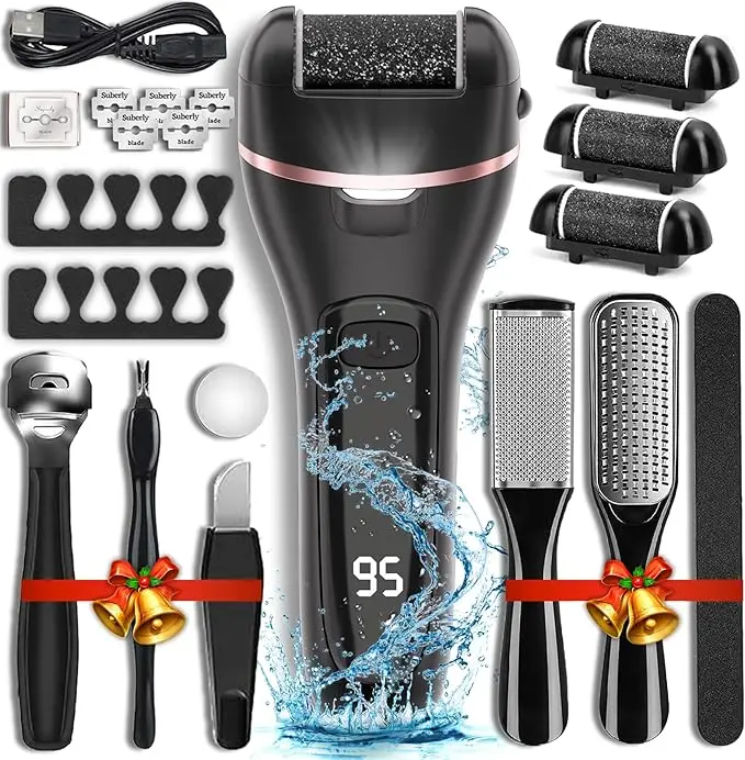 3 Roller Heads  Electric Callus Remover for Feet 2 Speed Rechargeable Waterproof Professional Pedicure Kit 17 in 1 Foot File Tools Perfect for Dead Hard Cracked Dry Skin Manicure Nail Cutics Stainless Steel
