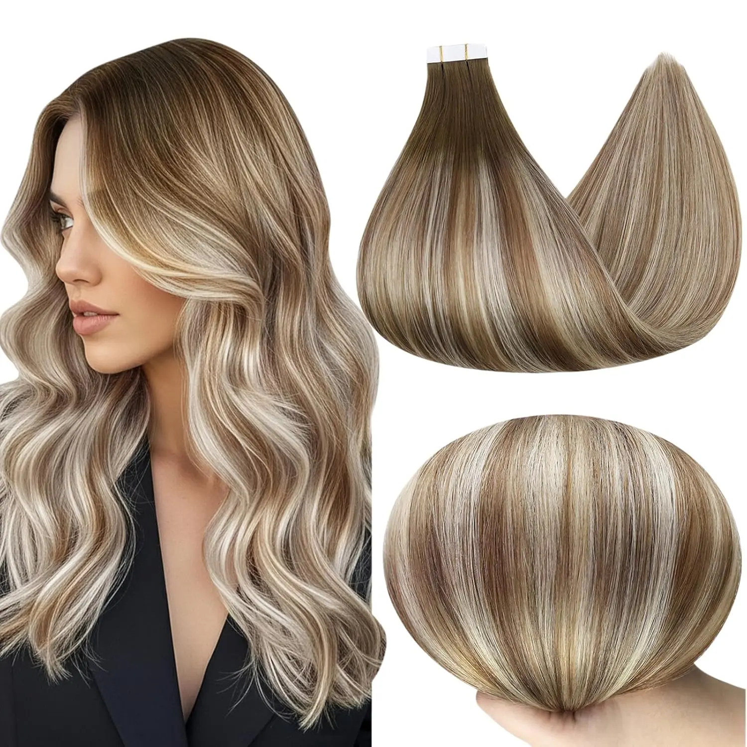 Tape In Human Hair Extensions for Women, 18 inch Seamless Real Hair Pieces, 20 Pcs 50g, Adds Volume with Damage-Free Grip, Color 16T60P16, Real Hair Extensions