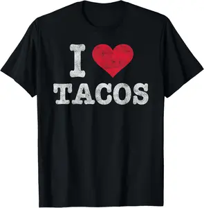 Women's 100% Cotton Short-Sleeve Casual Slogan Tee, Vintage Distressed "I Love Tacos" Gift T-Shirt