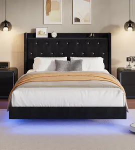 Garvee Full Size Bed Frame with LED Lights, Floating Platform Bed with Velvet Upholstered Storage Headboard, No Box Spring Needed, Noise Free, Easy Assembly
