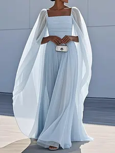 Women's Elegant Lightweight Maxi Chiffon Cape Dress, High Waist Split Thigh Long Formal Evening Gown, Square Neck Zipper Fly, Perfect for Weddings & Parties