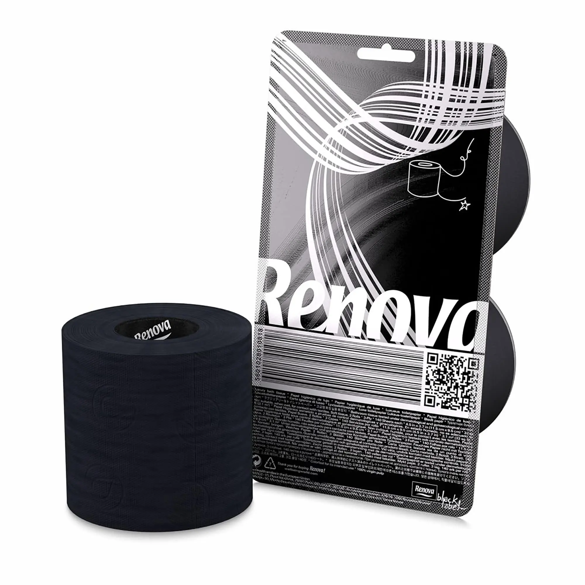 Economical Pack: 2 Rolls of Renova Black Toilet Paper - 3 Thicknesses, 140 Sheets Each - Dermatologically & Gynecologically Tested - Ecolabel Certified. Perfect for Joyful Conversations!