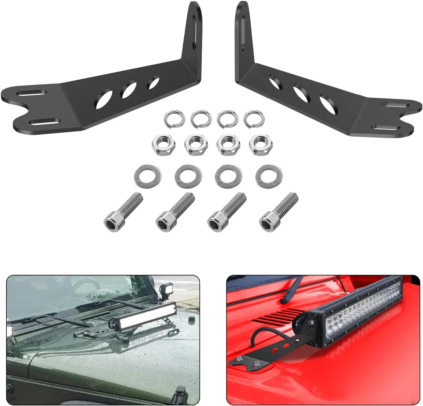 Nilight 2PCS Stainless Steel Corrosion-Resistant Adjustable Black Hood Mounting Brackets - Offroad Car Lighting 20” LED Light Bar Bases, 8.5mm Secure Mount, Left/Right Adjust, Car Accessories, Fit Jeep Wrangler JK 2007-2017, 2-Year Warranty (90040B)