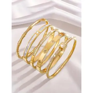 5pcs exquisite stainless steel Romantic bracelet set, rhinestone decoration, 18K gold plating, fashionable style, suitable for couples, families, daily wear