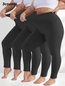 【Plus Size】 Solid High Waisted Leggings, Casual Comfy Tummy Control Skinny Pants for Yoga Gym Workout, Women's Bottoms for All Seasons