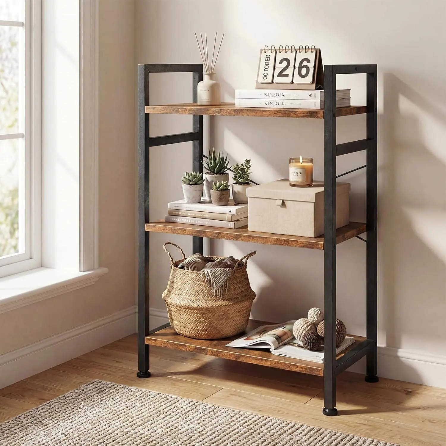 3/4 Tier Tall Narrow Bookcases, Industrial Freestanding Bookshelf, Modern Home Office Storage Shelf, Display Rack for Living Room, Black/Wood/Rust Brown/Gray