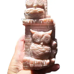 Pink Opal Cryatal Owl Family Statue Home Decor Decorative Ornaments Table Shelf Eye