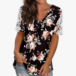 NIASHOT Women's V Neck Short Sleeve Blouse Shirts Summer Lace Casual Tops