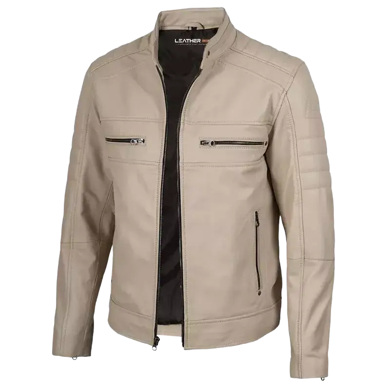 Men's Beige Cafe Racer Leather Jacket – Quilted Motorcycle Rider Jacket
