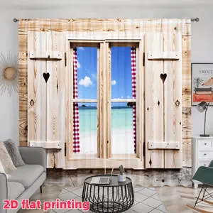 2D Flat 2Pcs Wood Grain Beach Window Curtains, Rustic Cabin Style, Heart Cutout Shutters Design, Semi Sunshade, for Living Room, Bedroom, Dining, Kitchen, Decoration, Farmhouse Aesthetic, Home Decor.
