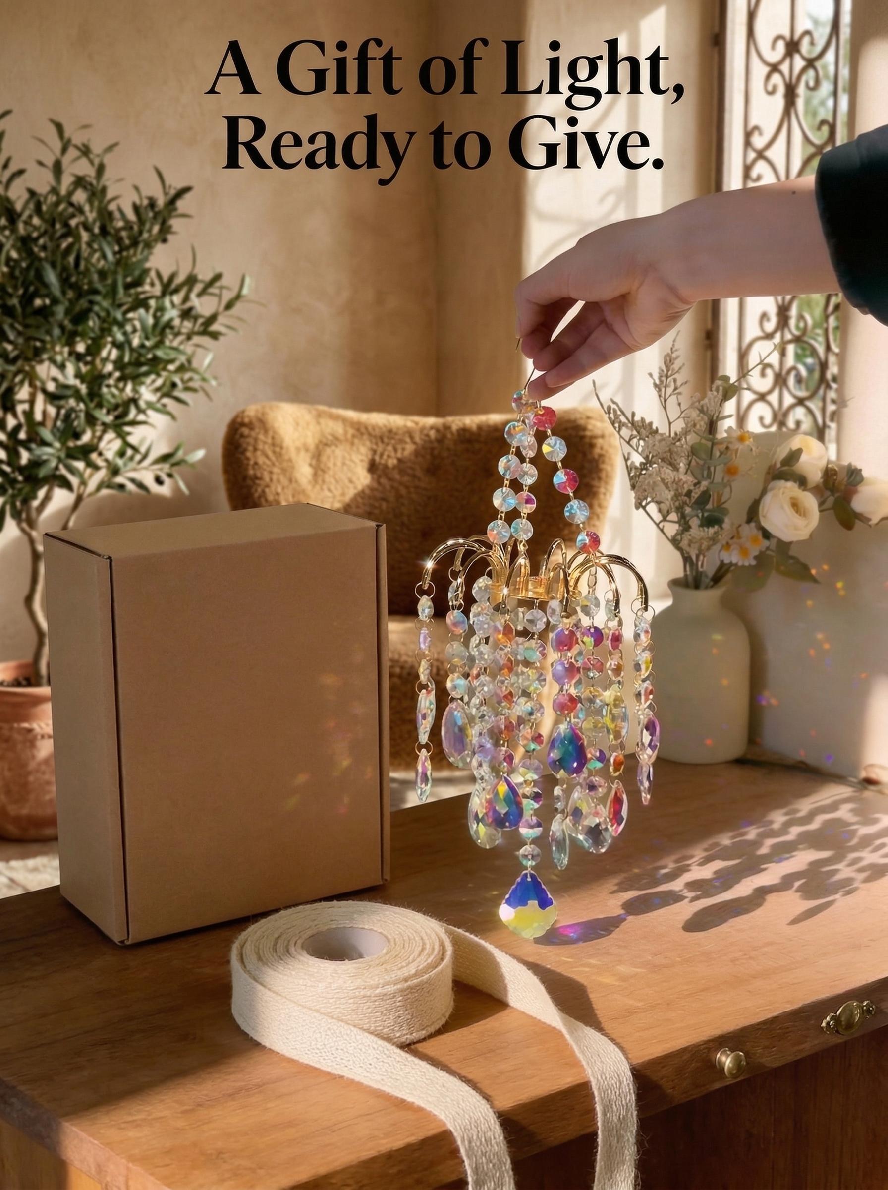 16 Inch/42cm Gold Crystal Sun Catcher | Rainbow Maker Window Decor.Creates dancing rainbows on walls. Gold metal frame with artificial crystals. great gardening , french doors ,  rain box chime unique large memorial wind chime french doors