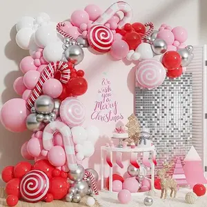 140Pcs Christmas Balloon Garland Arch Kit - Red Pink Candy Cane Balloons for Christmas New Year Birthday Xmas Holiday Party Decorations