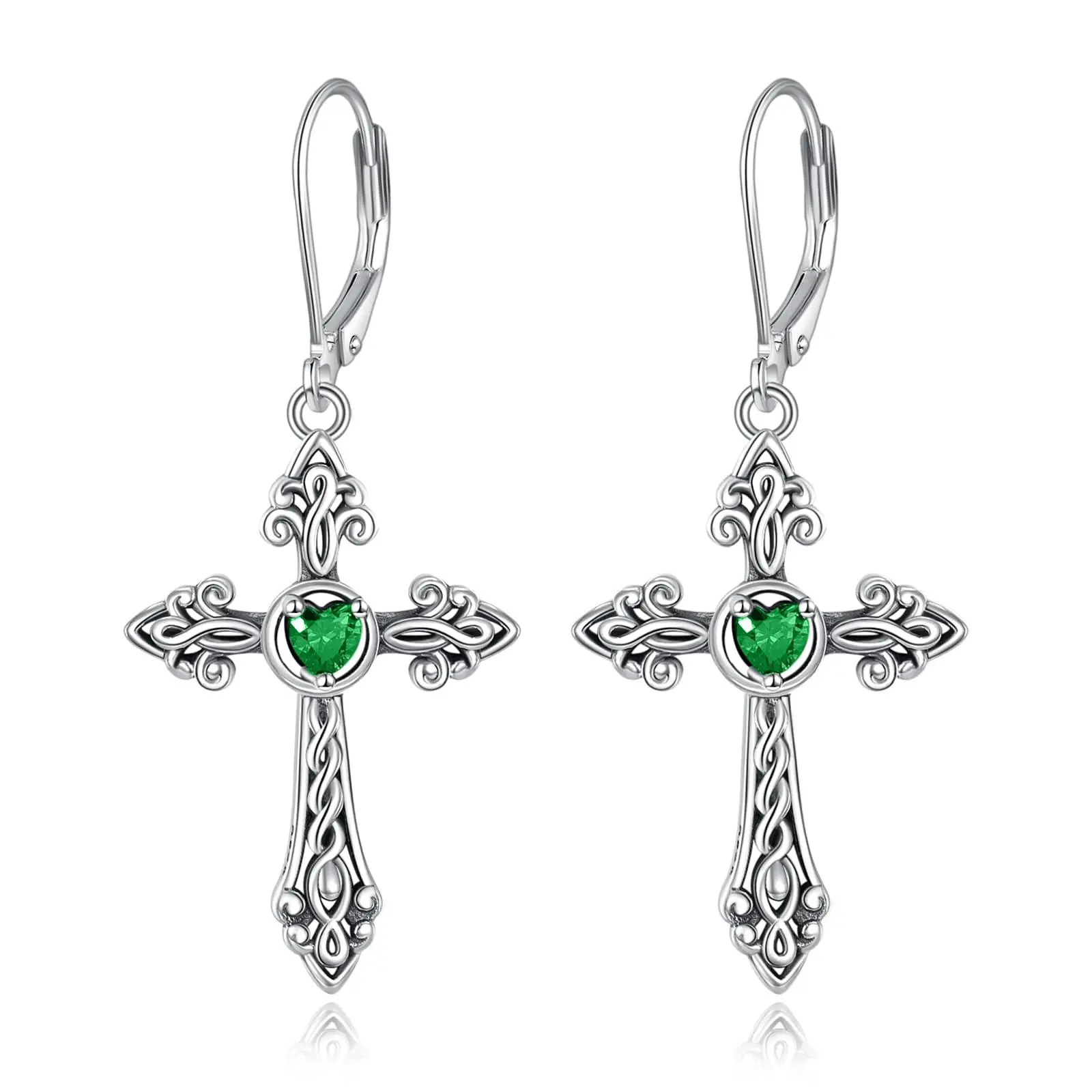 Cross Earrings 925 Sterling Silver Vintage Retro Cross Dangle Drop Leverback Earrings with Green Heart May Emerald Birthstone Religion Jewelry Christians Gifts for Women