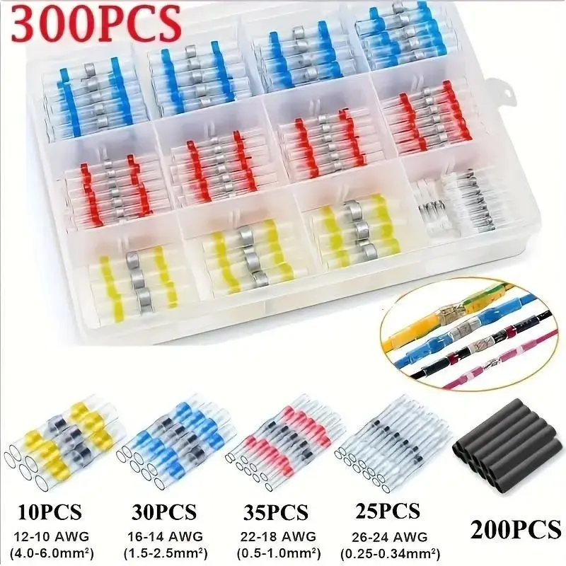 300pcs Solder Seal Wire Cable Connectors, Haisstronica Waterproof Heat Shrink Butt Connectors, Self Solder for Marine, Aircraft, Boat, Truck, Stereo AWG Wires