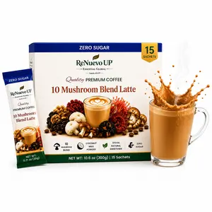 ReNuevo UP 10 Mushroom Coffee Latte Mix Packets, Premium Instant Creamy Coffee with Reishi, Lion's Mane, Cordyceps, Chaga & More, Sugar Free, Coconut Milk Powder, Stevia Sweetener, 15 Sachets for Work  Creamy Beverage