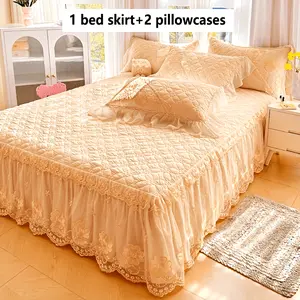 3-Piece Cotton Fabric Bedding Set - Modern Pink Duvet Comforter, Easy-Care Quilted Layers, Skin-Friendly, Romantic Lace Trim with Floral Motifs, 1pc Tied Skirt Bed Skirt + 2pc Pillowcases