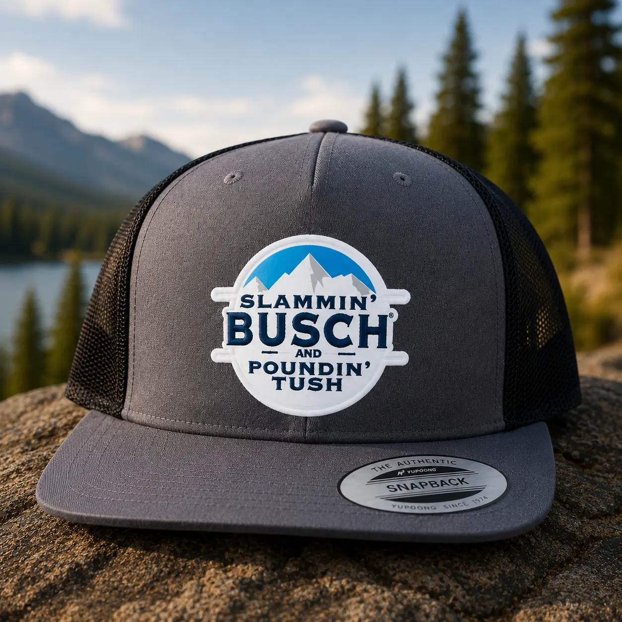 Funny Trucker Hat for Men, Slammin' Busch and Poundin' Tush Graphic Mesh Snapback Cap, Adjustable Baseball Hat for Camping, Fishing, Tailgates, BBQ, Outdoor Adventures and Everyday Wear