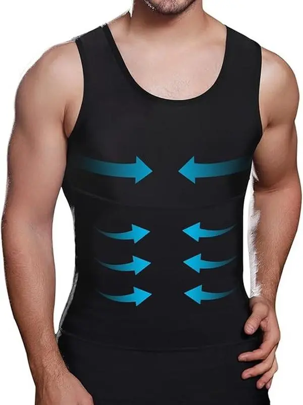 Mens Slimming Compression Shirt, Body Shaper Workout Tank Top, Gynecomastia Tummy Control Undershirts - Change in Seconds