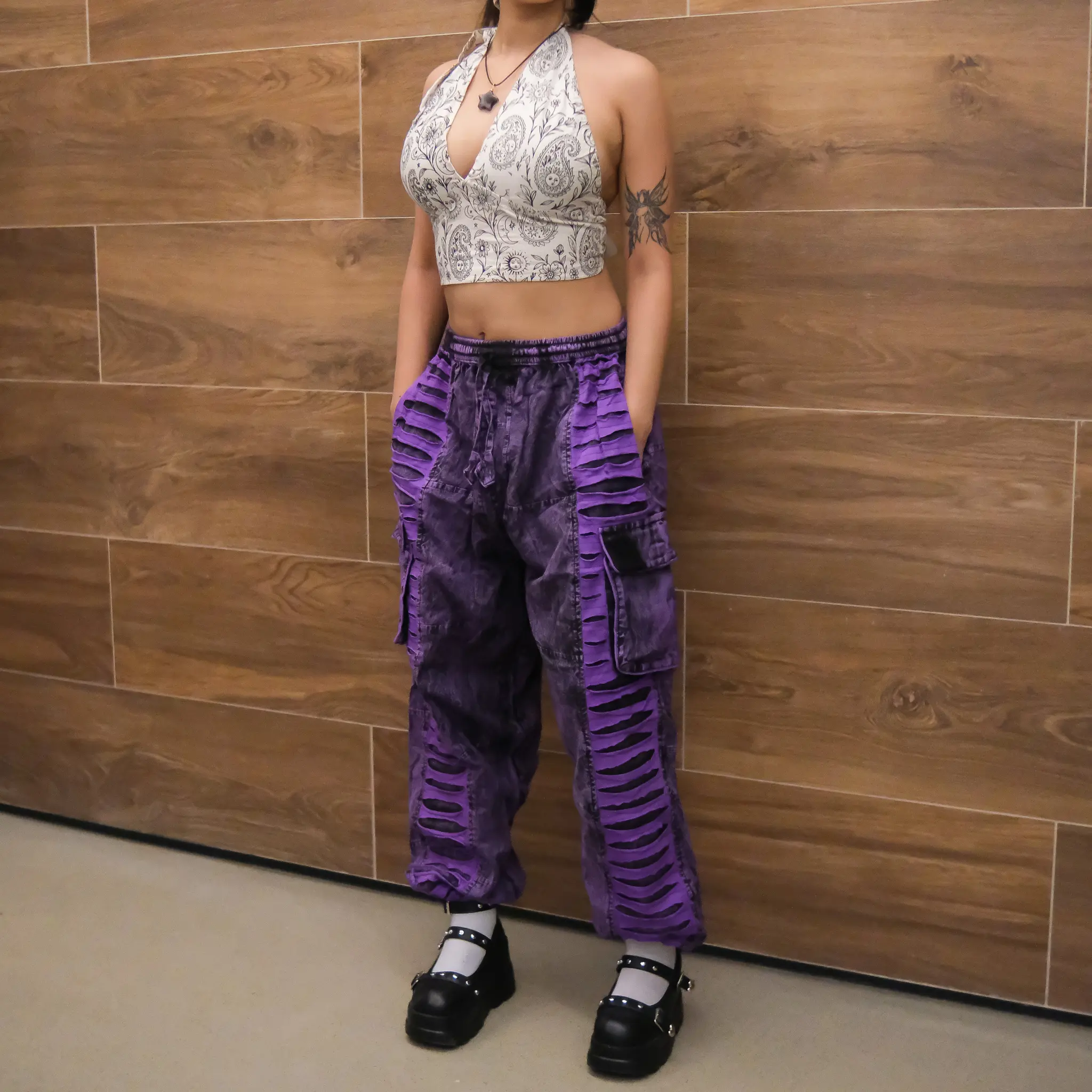 Stonewashed Patchwork Cotton Cargo Pants, Alternative Festival Cargo Pants, Hippie Goth Style Baggy Pants