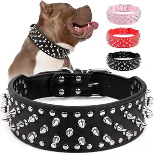 Adjustable Spiked Leather Pet Collar Set