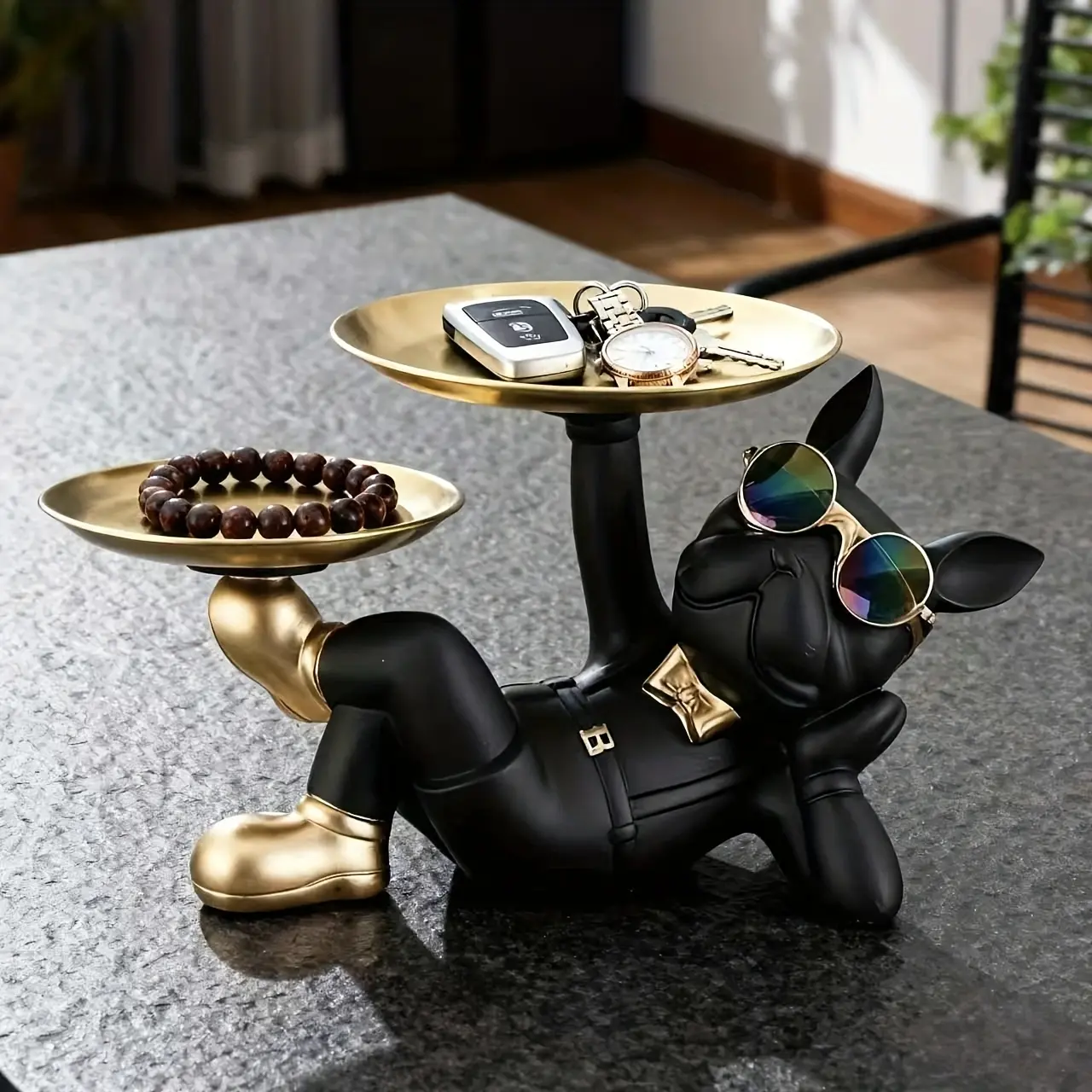 French Bulldog Statue Tray with 2 Metal Trays, Ideal Gift for Room Decor, Modern Resin Bulldog Key Holder Candy Dish, Cool Dog Sculpture Catchall Tray for Entryway Table, Decorative Storage Organizer for Keys, Jewelry, Wallet