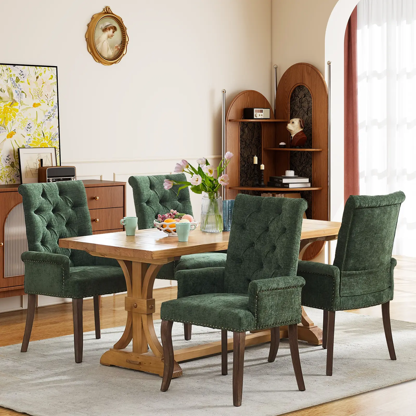 Upholstered Tufted Dining Chair with Arms, Chenille High Back Accent Chair, Farmhouse Kitchen & Dining Room Chair with Curved Solid Wood Legs, Nailhead Trim, Comfortable Padded Seat