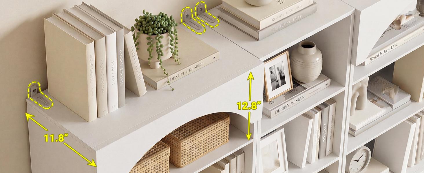 Cyclysio 80" Tall Arched Bookcase with 6 Wooden Drawers ＆ 12-Tier Open Shelves, Modern Set of 3 Freestanding Bookshelf Kitchen Pantry Storage Cabinet