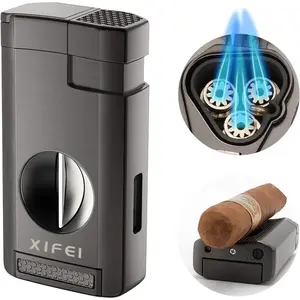 Cigar lighter, triple jet flame torch lighter with cigar cutter v cut, cigar accessories cigar holder, windproof refillable butane lighters for smoking with gift box