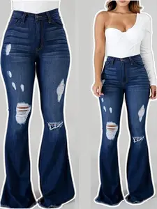 Elegant Vintage Denim Bell Bottoms, High Waist Slim Fit, Ripped Design, Dark Wash Distressed, Elastic Pockets, Button Fly, Casual Women's Jeans Pantsbootcut jeans Womenswear