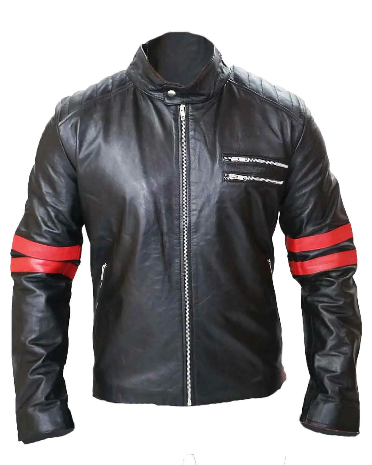MotorCycleJackets Men's Black Cafe Racer Red Strip Lambskin Leather Jacket