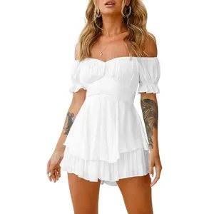 White Flowy Pirate Dress Women's Fairy Costume Short Sleeve Corset Mini Jumpsuit Sexy Y2K Off-Shoulder Ruffle T-Shirt Dress Summer Jumpsuit Casual Polyester Lightweight Women's Clothing Female Party Jumpsuit Pure Womenswear Feminine