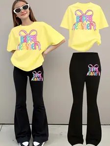 Easter Yby Girl Happy Easter Colorful Letter & Bowknot Design Print Casual Sportswear Set, Comfortable Simple New T-Shirt Bell Bottom Pants Ensemble, Versatile Wear