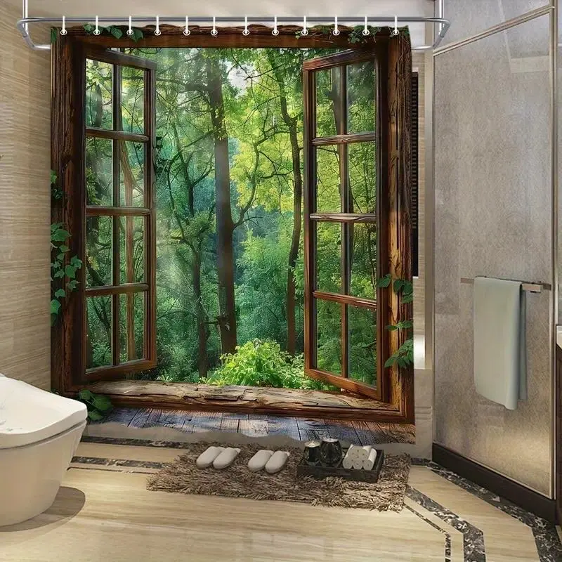 1pc forest plant pattern design shower curtain, Bathroom Curtains, perfect for bathroom decoration, partition, durable polyester material, easy to clean, machine washable, multiple sizes available, free hook