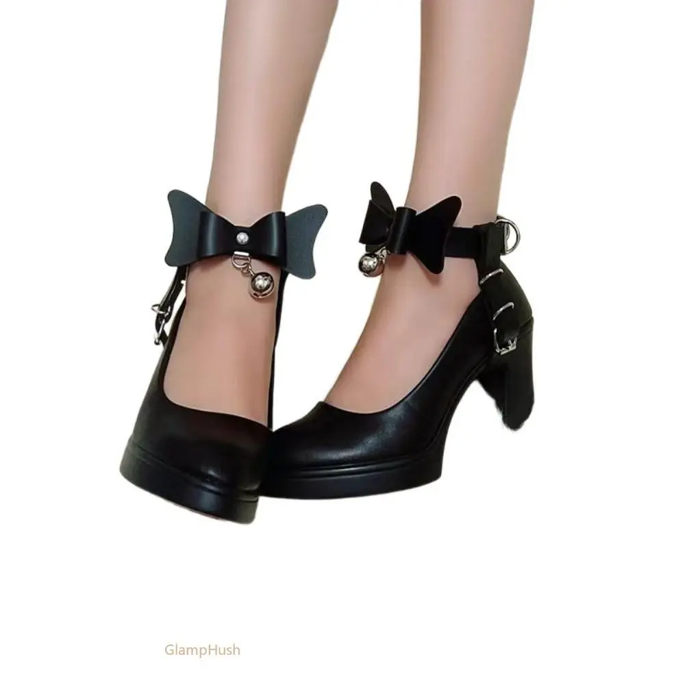 Women's Gothic Mary Jane Platforms, Chunky Heels with Removable Holographic Bow Anklet, Casual Rounded Toe, Comfortable & Secure Fit, Bowknot Shoe Straps, Bold Chunky Heel