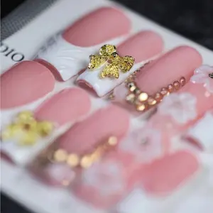 10pcs Cute Sweet White Pink Square Press On Nails, Handmade With Golden Bows, White French Edges, Shining Golden Bows, Exquisite Pearls Rhinestone Chains, Rhinestone Bow Decorated