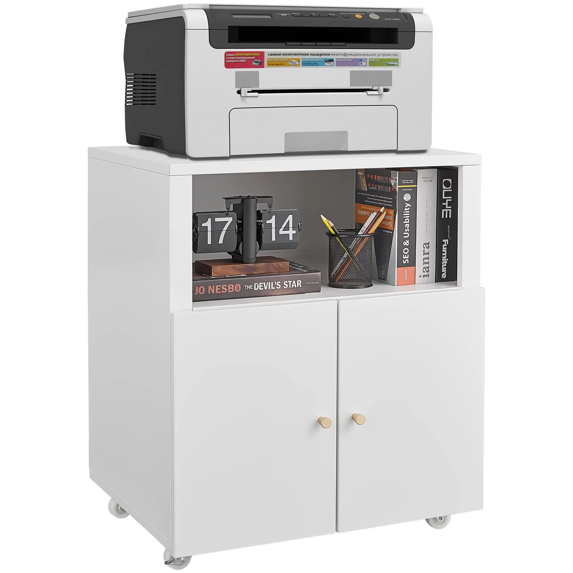 White Metal Frame 3D Printer Stand - Heavy-Duty Rolling Casters Single Unit Printer Cabinet with 2 Doors Storage, Under Desk File Cabinet for Home Office Corner & Small Spaces